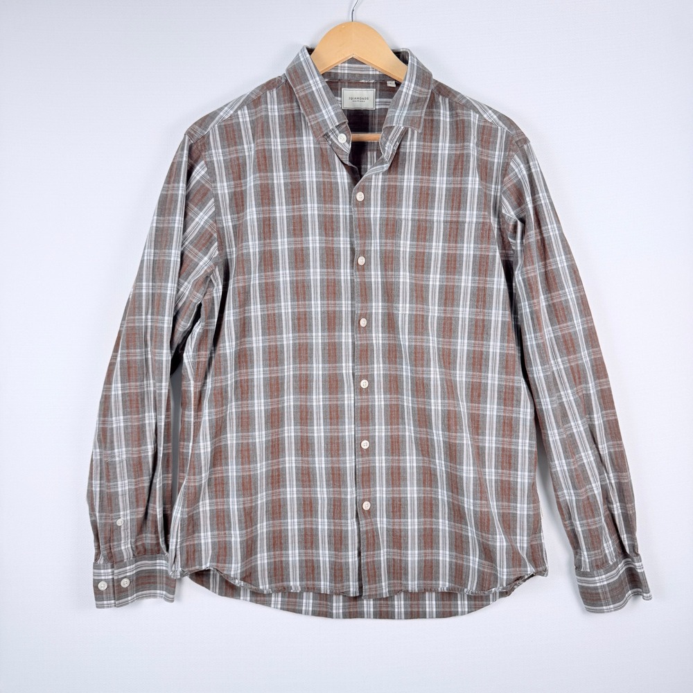 7 Diamonds Mens Large Plaid Button Down‎ Shirt Brown Grey 100% Cotton Preppy
